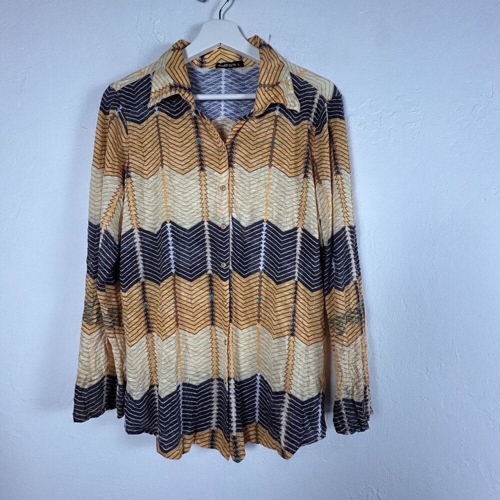 David Cline Womens Long Sleeve Chevron Pattern Sun Button Up Shirt Large Yellow